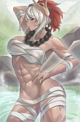 1girls alluring athletic_female calmgreentori female_abs fire_emblem fit_female fundoshi_bikini intelligent_systems onsen rinkah_(fire_emblem) white_hair