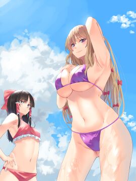2girls absurdres alternate_costume arm_up armpits bikini black_eyes black_hair blonde_hair blue_sky blush bow breasts cloud commentary_request cowboy_shot day doitsuudon expressionless female frilled_bikini frilled_hair_tubes frills gluteal_fold hair_tubes hairbow hakurei_reimu hand_in_own_hair hand_on_breast hand_on_own_hip highres large_breasts long_hair looking_at_viewer looking_down looking_to_the_side medium_breasts medium_hair multiple_females multiple_girls navel o-ring o-ring_bottom outdoors parted_bangs parted_lips perspective pink_lips purple_bikini purple_eyes red_bikini reimu_hakurei shiny_clothes shiny_skin sidelocks sky smile stomach summer swimsuit thighs thong_bikini toned touhou upper_body very_long_hair wet yakumo_yukari yukari_yakumo