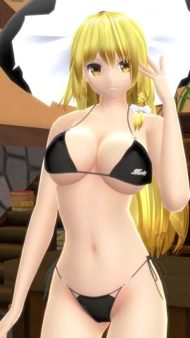1girls 2023 3d arm_up belly_button bikini black_bikini blonde-haired_female breasts cleavage female hand_on_head hat hati_yukkuri_mmd headwear hips human indoors interior_background jpeg light-skinned_female light_skin long-haired_female looking_at_viewer marisa_kirisame mmd smiling_at_viewer solo_female solo_focus swimsuit touhou waist witch_hat yellow_eyes
