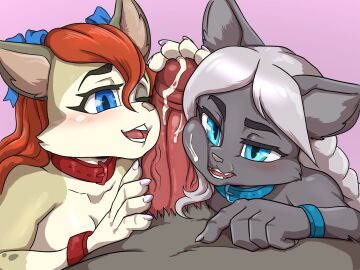 1boy 2024 2girls ambiguous_fluids ambiguous_species anthro biped black_body blue_eyes cheek_tuft cock_worship collaborative collaborative_sex collar daigaijin erection eyebrows facial_tuft felid feline female genitals glans group group_sex hair hand_on_penis hi_res humanoid_genitalia humanoid_penis long_hair male male/female mammal multiple_females multiple_girls nude one_eye_closed open_mouth penis penis_on_face pink_nose red_hair sex teamwork teeth threesome tongue trio tuft white_body white_hair