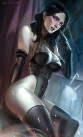 1boy armwear bare_shoulders big_breasts black_hair breasts busty cd_projekt_red dark_hair female female_only hips large_breasts light-skinned_female light_skin lingerie male pale-skinned_female pale_skin purple_eyes ragecndy raven_hair the_witcher_(series) the_witcher_3:_wild_hunt thick thigh_highs thighhighs thighs underwear violet_eyes witch yennefer