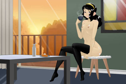 1girls asian asian_female black_hair black_stockings breasts cup evelyn_(rainwater) female female_focus female_only green_eyes indoor_nudity indoors light-skinned_female light_skin long_hair looking_at_viewer naked naked_female nipples nude nude_female olive_eyes pale-skinned_female pale_skin rainwater shiny_hair shiny_skin solo solo_female solo_focus stockings stockings_only tea tea_cup teacup yellow_headband