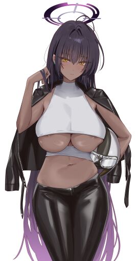 absurdres alternate_costume areola_slip black_hair black_jacket black_pants blue_archive breasts closed_mouth dark-skinned_female dark_skin earrings female halo hand_in_own_hair helmet highres holding holding_unworn_helmet jacket jacket_on_shoulders jewelry kakumayu karin_(blue_archive) long_hair navel pants purple_hair purple_halo smile solo stomach stud_earrings underboob unworn_headwear unworn_helmet very_long_hair yellow_eyes