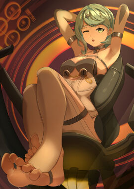 absurdres armpits barefoot blue_hair dress feet female highres jpno mecha original presenting_armpit robot seed_(zenless_zone_zero) toes wet white_dress zenless_zone_zero