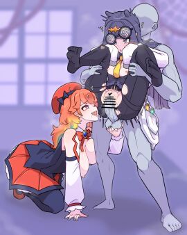 1boy 2girls balls bar_censor beret big_breasts black_pantyhose blush breasts caressing_balls caressing_testicles censored coke-bottle_glasses faceless faceless_male female folded glasses gradient_hair hat highres hololive hololive_english hololive_myth large_breasts leg_grab legs_up long_hair male moral_cacoethes multicolored_hair multiple_females multiple_girls ninomae_ina'nis nipples open_mouth orange_hair pantyhose penis purple_eyes pussy reverse_suspended_congress saliva saliva_trail sex sex_from_behind skirt sleeves_past_wrists small_breasts spread_legs standing standing_sex straight takanashi_kiara test_tube testicles torn_clothes torn_pantyhose v_legs vaginal_penetration virtual_youtuber window