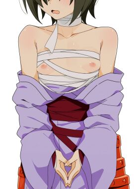 1girls asian_clothing black_hair breasts_focus breasts_out dungeon_ni_deai_wo_motomeru_no_wa_machigatteiru_darou_ka hands_together hitachi_chigusa morisobo nipples open_mouth sarashi shy small_breasts smaller_female