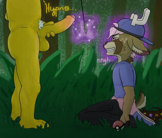 anthro antlers backwards_baseball_cap backwards_hat balls baseball_cap big_balls big_penis black_bottomwear black_clothing black_pants blue_baseball_cap blue_clothing blue_hat blue_headwear blue_shirt blue_t-shirt blue_topwear bodily_fluids bottomwear clothing deer dripping duo forest furgonomic_hat furgonomic_headwear furgonomics generation_1_pokemon genital_fluids genitals hat headgear headwear hi_res horn hypno_(pokemon) hypnosis kneeling male male/male mammal masturbation mind_control nintendo outside pants pendulum pendulum_swing penis plant pokemon pokemon_(species) precum precum_drip resisting_mind_control robin_(robinhypnotized) robinhypnotized shirt t-shirt topwear tree