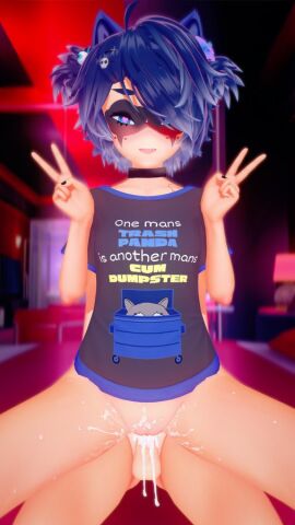 1boy 1girls 3d collar cum cumming_in_pussy female heart-shaped_pupils indie_virtual_youtuber male pussy raccoon_girl seated_reverse_cowgirl_position shirt_only snuffy victory_sign virtual_youtuber vtuber