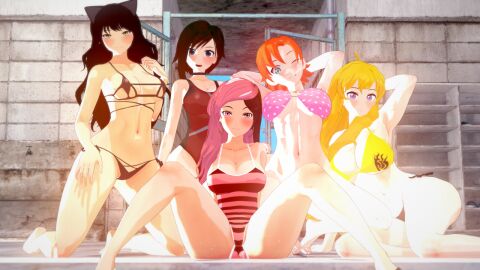 abs bikini bikini_bottom bikini_top black-haired_female black_hair blake_belladonna blonde_female blonde_hair cat_ears female female_only hands_behind_head human long-haired_female long_hair multicolored_hair multiple_females multiple_girls nakadashi_(artist) neo_(rwby) nora_valkyrie one-piece_swimsuit orange-haired_female orange_hair pose posing red_highlights ruby_rose rwby two_piece_swimsuit yang_xiao_long