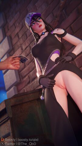 3d alternate_version blush choker clothed clothed_female clothing female female_focus flashing flashing_pussy fortnite frown gloves hat looking_away mostly_clothed mostly_clothed_female offering_money presenting presenting_pussy pussy shiny shiny_clothes shiny_hair shiny_skin spirit_hunter_saeko_(fortnite) tattoo tattoos the_qbd