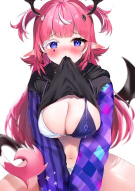 ahoge bangs bikini black_hoodie blue_eyes blush bra breasts camila_(vtuber) cleavage clothes_lift demon demon_girl demon_tail facial_mark female hair_ornament hood hood_down hoodie hoodie_lift horns indie_virtual_youtuber large_breasts lifted_by_self long_hair long_sleeves looking_at_viewer marking_below_eyes mouth_hold multicolored_hair navel panties pink_hair pointy_ears shirt_lift simple_background sitting solo streaked_hair succubus tail thighs two_side_up underwear very_long_hair virtual_youtuber white_background white_bra white_hair white_panties wings