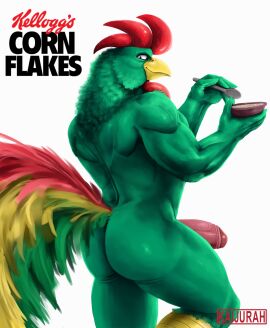 2025 anthro arm_tuft ass avian back_muscles bedroom_eyes biceps bird bubble_ass bubble_butt cereal cereal_bowl cereal_mascot chicken cornelius_(kellogg's) cutlery deltoids erection feather_hair feathers food forearm_muscles foreskin galliform gallus_(genus) genitals green_body green_feathers grin hi_res holding_object kaijurah kellogg's kitchen_utensils knee_up looking_at_viewer looking_back male muscles muscular muscular_arms muscular_legs muscular_thighs narrowed_eyes nude penis phasianid pseudo_hair rear_view red_body red_feathers seductive shoulder_tuft simple_background smile solo spoon text thick_thighs tools triceps tuft uncircumcised vein veiny_penis white_background yellow_body yellow_feathers
