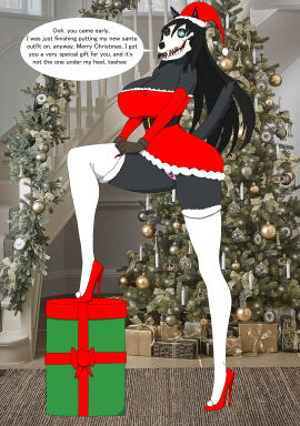 belt blue_eyes breasts christmas cleavage detached_sleeves erect_nipples female fingerless_gloves full_body furry gift gloves high_heels huge_breasts long_hair nightmare_waifu nipples off_shoulder red_heels santa_costume santa_hat scp-1471 scp_foundation skull_face solo tail thighhighs twilight_jester underwear wink wolf_girl
