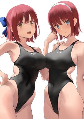 2girls alternate_version_available bare_shoulders blue_eyes blush breasts collarbone competition_swimsuit female highres hisui_(tsukihime) kohaku_(tsukihime) large_breasts looking_at_viewer multiple_females multiple_girls one-piece_swimsuit open_mouth pointy_chin red_hair short_hair smile swimsuit thighs tsukihime wa_(genryusui) yellow_eyes