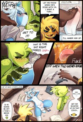 absurd_res after_sex anthro antlers armpit_fetish armpit_lick armpit_play arthropod balls bee blu_(bludoe) blue_body blue_fur blush bodily_fluids choker cjfurs claws comic creeper_(minecraft) cum cum_on_penis deer dialogue dominant dominant_female erection feet fellatio female femboy foot_fetish foot_play footjob freckles fur genital_fluids genitals glans green_body group group_sex hair hi_res hoof_(cjfurs) hooves horn humanoid_genitalia humanoid_penis hymenopteran insects jewelry licking lying male male/female mammal markings microsoft minecraft mojang mole_(marking) necklace nude on_back oral penile penis precum sam_(cjfurs) sex speech_bubble threesome tomboy tongue trio undressing_another white_body white_fur white_hair xbox_game_studios yellow_body