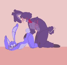 blush bonniextoybonnie five_nights_at_freddy's fnaf holding_waist imminent_sex male/male on_knees size_difference tailwag toy_bonnie_(fnaf) withered_bonnie