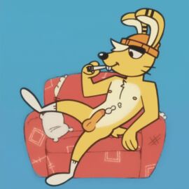 animated anthro beanie black_nose blonde_hair blowing_smoke blue_background blunt bodily_fluids buckteeth bunrab casual_nudity circumcised clothing countershading cum cum_on_body cum_on_self drugs eyebrows footwear fur furniture genital_fluids genitals hair hat headgear headwear lagomorph leporid male mammal marijuana nipples penis pillow rabbit short_hair simple_background smile smoke smoking socks sofa solo teeth thick_eyebrows vickydanne whiskers yellow_body yellow_fur