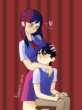 1boy 1girls breasts breasts_on_head brother_and_sister female hug hugging_from_behind incest male male_and_female_focus mari_(omori) omori problematicworm sunny_(omori) tagme