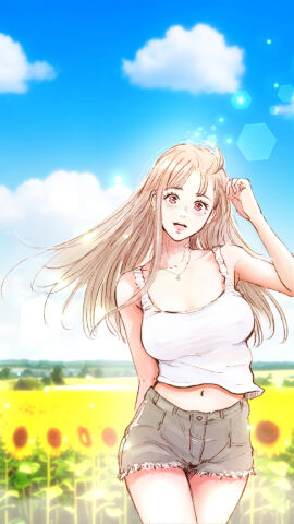 1girls acilealaulica clothed cloud clouds female female_only jeans open_mouth outdoors outside sky standing sunflower sunflowers visible_nipples