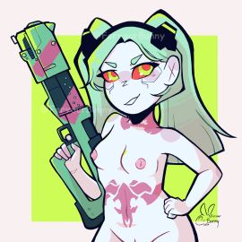 1girls breasts casual cyberpunk:_edgerunners cyberpunk_2077 female female_only fervourbunny firearm green_hair gun hand_on_hip human light-skinned_female light_skin long_hair naked naked_female nude nude_female pale-skinned_female pale_skin pink_nipples pussy rebecca_(edgerunners) red_sclera shaved_pussy shotgun small_breasts solo solo_female studio_trigger tattoo tattoos twintails weapon yellow_eyes