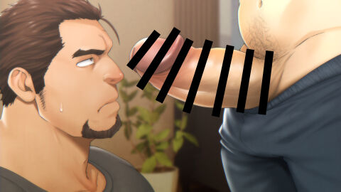 2boys bara beard beefy big_glans big_penis brown_hair censor_bar censored censored_penis chubby clothed clothed_sex daddy dilf duo foreskin foreskin_folds frown gay hi_res huge_cock imminent_fellatio imminent_oral imminent_sex long_penis looking_at_partner looking_up male male/male male_only middle_aged mizuki_gai muscles muscular muscular_male original original_character pants_down penis pubic_hair short_hair sideburns_stubble small_pupils sweat sweatdrop thick_eyebrows thick_penis uncircumcised yaoi