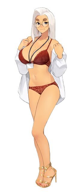 1girls badge bare_shoulders big_breasts blue_eyes bra breasts calves cleavage earrings feet female female_only full_body glasses high_heels hoop_earrings june_(squeezable) knee large_breasts legs lingerie long_hair looking_at_viewer mole mole_on_breast mole_on_thigh navel off_shoulder original panties red_bra red_lingerie red_panda red_underwear round_glasses shirt smile smirk smug solo squeezable standing stomach tan-skinned_female tan_body tan_skin thick_eyebrows thighs toenail_polish underwear undressing white_hair white_shirt