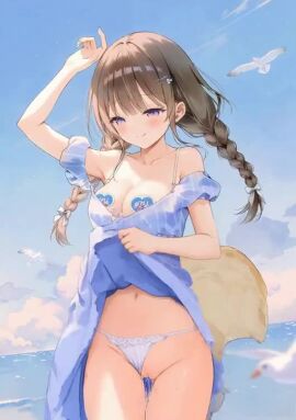 ai_assisted ai_generated animated bare_shoulders blush braid breast_tape breasts brown_hair cleavage day dress dress_lift female_focus hair_ribbon hat highres long_hair looking_at_viewer medium_breasts navel nude off_shoulder pussy pussy_juice seductive_smile solo sound standing sweat sweatdrop tagme thighs third-party_edit twin_braids video weri