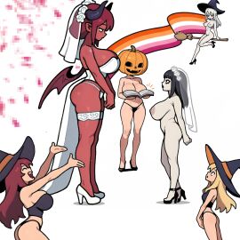 , areolae breasts_bigger_than_head colab927 completely_nude demon demon_girl demon_horns demon_wings female_only goth goth_girl high_heels lesbian_flag lingerie lipstick nipples red_skin size_difference thong voluptuous_female wedding wedding_lingerie white_background witch witch_hat wlw yuri