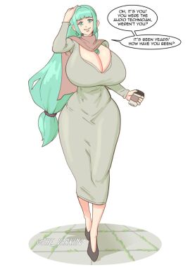 1girls aged_up alternate_hairstyle bangs big_breasts breasts breasts_bigger_than_head curvy_female female green_eyes green_hair hair_accessory hair_between_eyes hatsune_miku hatsune_milf-ku huge_breasts mature_female milf shoulder_length_hair smile the_varking twintails vocaloid voluptuous_female