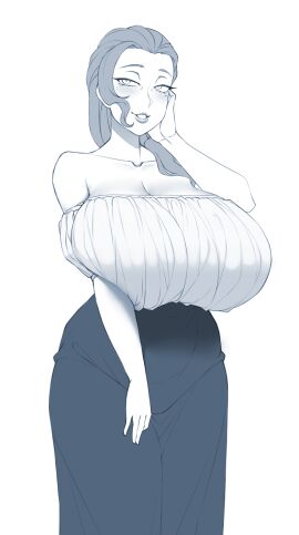 ayako_(twrlare) beauty_mark braid breasts collarbone dress enormous_breasts female huge_breasts low_cut_top milf oc original original_character smile solo twrlare white_background