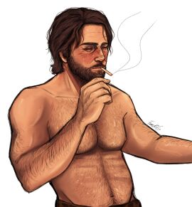 1boy abs arm_hair arthur_morgan beard blush body_hair breasts chest_hair cigarette color facial_hair fit fr4nkt_4 male male_only man_boobs moobs muscular muscular_male nipples no_sex no_visible_genitalia pants pants_only pecs red_dead_redemption_(series) red_dead_redemption_2 sfw shirtless smoking smoking_cigarette suggestive sweat sweating sweaty
