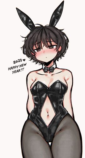 1girls 2023 belly_button blush bowtie breasts brown_hair bunny_ears bunnysuit cleavage female latex looking_down low-angle_view navel pantyhose short_hair small_breasts snale_(04119_snail) solo white_background