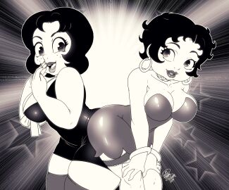 2girls alternate_version_at_source alternate_version_available ass_to_ass betty_boop betty_boop_(series) big_breasts black_and_white bracelets breasts cleavage drawn_together duo duo_female female female_only greyscale looking_back rubberhose smiling symmetrical_docking thick_thighs thighhighs toot_braunstein tovio_rogers