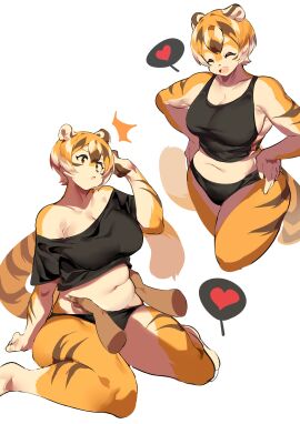 :o anthro belly_grab big_breasts breasts chubby chubby_female cleavage female heart huge_breasts mei_xiang mx99926 panties slightly_chubby spoken_heart sports_bra tagme thick_thighs tiger tiger_girl wide_hips
