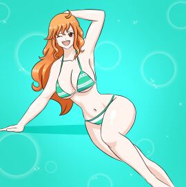 1girls bikini breasts female female_only long_hair nami_(one_piece) one_piece orange-haired_female orange_hair post-timeskip sealllll solo striped_bikini swimsuit