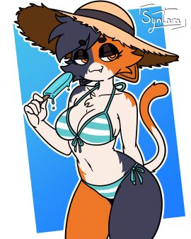 2d anthro_female bikini cat_ears cat_girl cat_tail catgirl digital_media_(artwork) female female_focus fortnite fortnite:_battle_royale fur iamsyntara male meow_skulls_(fortnite) popsicle simple_background smug straw_hat