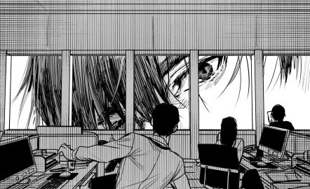 giant giant_male indoors looking_at_viewer male male_focus monochrome multiple_boys multiple_males original solo_focus yukibi_(ykb)
