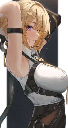 1girls absurdres arm_strap armpits arms_behind_head black_gloves blonde_hair breasts closed_mouth collared_shirt commentary_request elbow_gloves evelyn_chevalier female from_side gloves hair_intakes hair_tie_in_mouth harness highres large_breasts light_blush looking_at_viewer mole mole_under_eye mouth_hold o-ring profile purple_eyes re_ga shirt short_hair sideways_glance single_elbow_glove small_sweatdrop solo upper_body white_shirt zenless_zone_zero