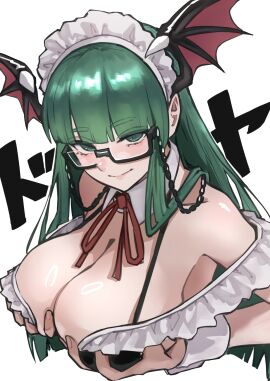 ap_cammy bat_wings breasts capcom darkstalkers demon female glasses green_hair holding_breast maid maid_headdress morrigan_aensland succubus