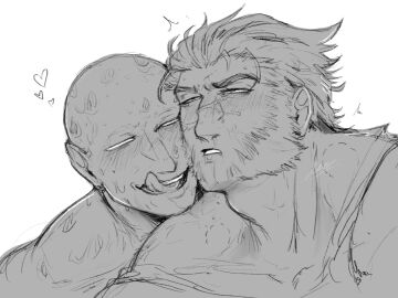 2boys baimonbluewhale bald bite_mark blush deadpool facial facial_hair gay james_howlett logan_(x-men) male male/male marvel marvel_comics monochrome muscles muscular muscular_male scars_all_over short_hair tongue_out wade_wilson wolverine_(x-men) x-men yaoi