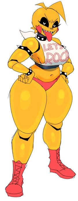 1girls 2024 avian beakless big_breasts boots bracelet breasts cheeks chica_(fnaf) choker chubby collar feather_hair female five_nights_at_freddy's five_nights_at_freddy's_2 goolahan hand_on_hip hands_on_hips heart-shaped_pupils hi_res navel ngoolahan open_mouth panties pink_panties redesign robot robot_girl scottgames sharp_teeth sideboob solo spiked_armband spiked_bracelet spiked_collar thick_thighs thighs tongue tongue_out toy_chica_(fnaf) yellow_feathers
