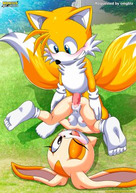 anthro balls bbmbbf blush breasts cream_the_rabbit cum cum_in_pussy cum_inside female gloves male male/female miles_prower mobian_(species) mobius_unleashed nipples nude one_eye_closed open_mouth palcomix penis pussy sega sex small_breasts socks sonic_(series) sonic_the_hedgehog_(series) tails tails_the_fox teeth tongue vaginal_penetration vaginal_sex