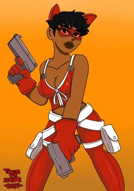 1girls dark-skinned_female dark_skin dopeisnukat female fox_(wanted) fox_ears goggles gun guns image_comics sfw short_hair wanted_(image_comics)