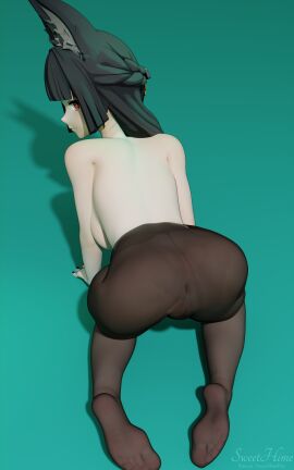 1girls 3d amber_eyes anus arched_back ass ass_focus black_nails breasts dark_hair female fox_ears hime_cut hoshimi_miyabi hoyoverse looking_back mihoyo plump_labia presenting presenting_hindquarters see-through see-through_clothing sideboob simple_background solo stockings sweethime zenless_zone_zero