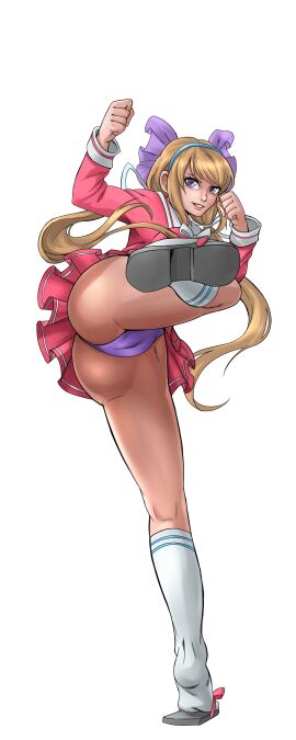 anfisa_(hentai_heroes) ass black_background blonde_hair bow cameltoe cg female full_body hairband hairbow hentai_heroes kicking kinkoid kneehighs long_hair long_sleeves looking_at_viewer official_art panties pantyshot parody pink_shirt pleated_skirt purple_eyes purple_panties school_uniform serafuku shirt simple_background skirt smile socks solo standing standing_on_one_leg twintails underwear upskirt white_socks