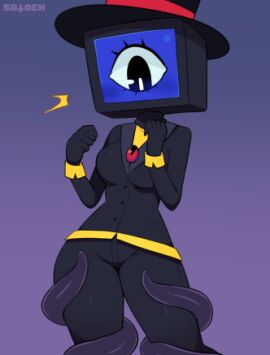 1girls blush breasts clothed clothed_female clothes computer_head cypher_the_computer female female_only hat looking_down object_head sataenart screen_face solo solo_female tagme tentacle