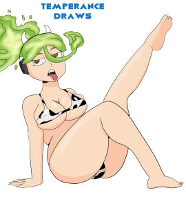 bikini boku_no_hero_academia breasts burnin_(my_hero_academia) cow_print cow_print_bikini fake_cow_horns female flame_hair green_hair headphones implied_mind_control kamiji_moe leg_up moe_kamiji my_hero_academia open_mouth sitting solo solo_female solo_focus temperancedraws tongue tongue_out white_background