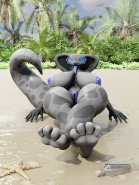 3d beach da.nilkaz da.nilkaz) digital_media_(artwork) eyewear female hi_res lying nude_beach reptile sapphire_(da.nilkaz) scalie snake solo sunglasses that1furrydude1 tongue tongue_out