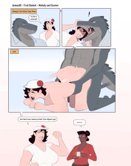 alligator alligatorid annoyed anthro anthro_penetrating anthro_penetrating_human ass black_hair blue_sclera breasts brown_body brown_skin closed_eyes clothing coffee_mug crocodilian dialogue doggy_style english_text eyewear female female_penetrated from_behind_position glasses green_body green_scales grin group hair hair_bun half-closed_eyes hat hat_only headgear headgear_only headwear headwear_only hi_res human human_on_anthro human_penetrated interspecies jamesab looking_pleasured male male/female male_penetrating male_penetrating_female mammal mostly_nude multicolored_body multicolored_scales narrowed_eyes open_mouth open_smile penetration penile penile_penetration penis penis_in_pussy pussy reptile scales scalie scutes sex smile speech_bubble text thick_thighs trio two-tone_body two-tone_scales vaginal_penetration wide_hips