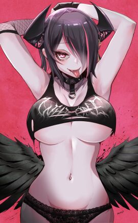 1girls aradia_ravencroft armpits arms_up breasts colored_inner_hair demon demon_girl demon_horns detached_sleeves feathered_wings female female_only fishnet_armwear hair_over_one_eye hololive hololive_english hololive_english_-advent- horns kivonotbabu light-skinned_female light_skin navel navel_piercing open_mouth panties piercing solo spiked_collar split_tongue tongue tongue_out underboob underwear virtual_youtuber wings
